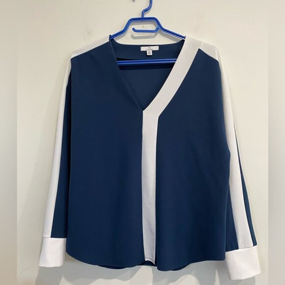 H by Halston Tops - Halston V- neck Pullover Blouse/ Long Sleeve Top Navy Blue / White S